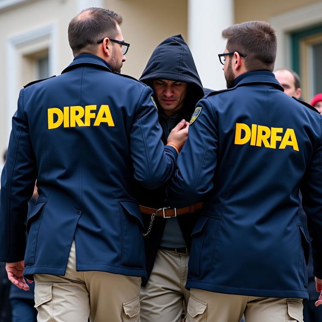 Two investigative agents in blue coats with the word DIRFA emblazoned in yellow letters on the back