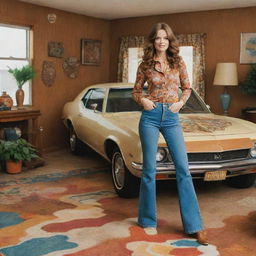 A 1970s-inspired aesthetic featuring classic cars, bell-bottom jeans, psychedelic patterns, and vintage home decor.