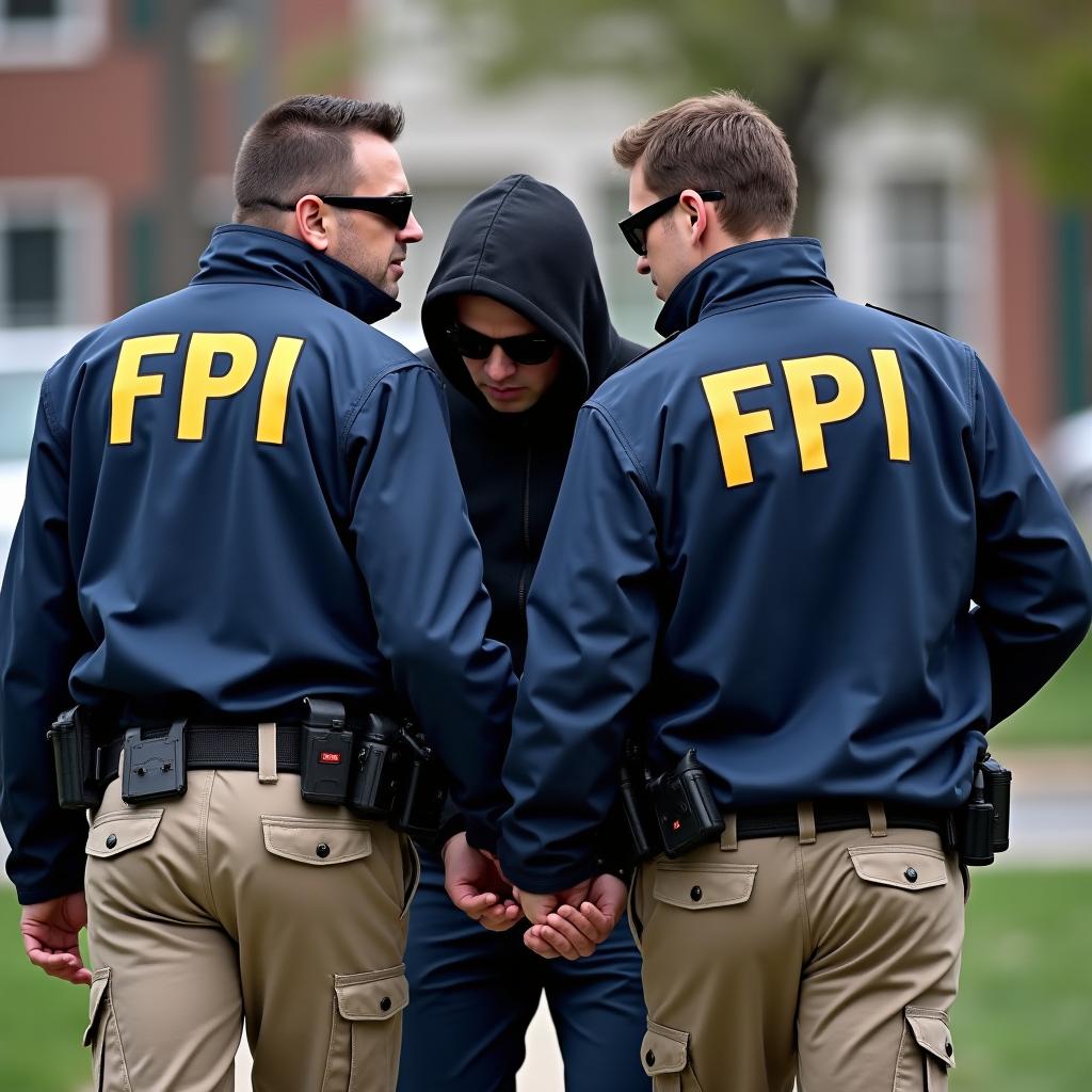 Two agents wearing blue jackets in FBI style with 'DPI' written in yellow letters on the back, paired with beige pants with pockets and small waist pouches