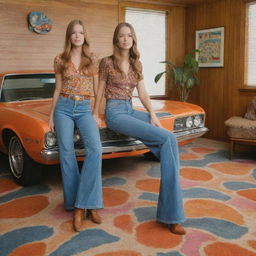 A 1970s-inspired aesthetic featuring classic cars, bell-bottom jeans, psychedelic patterns, and vintage home decor.