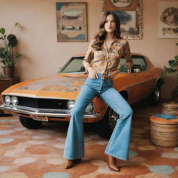 A 1970s-inspired aesthetic featuring classic cars, bell-bottom jeans, psychedelic patterns, and vintage home decor.