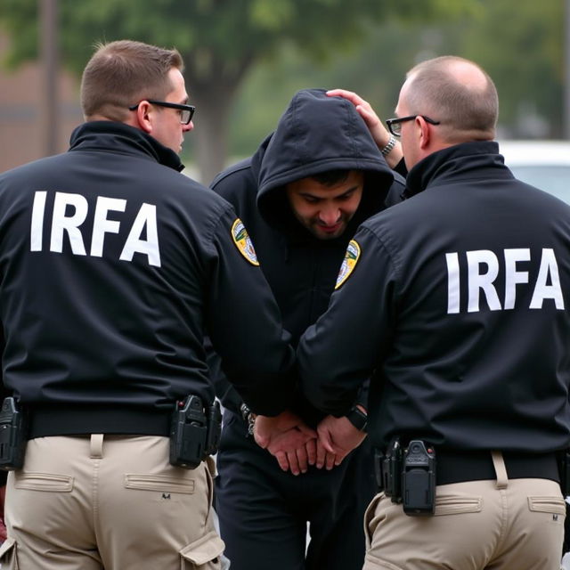 Two agents in black jackets with the word IRFA in white letters on the back, wearing cream-colored pants with pockets and small waist bags