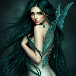 A captivating fairy with extremely dark emerald long hair flowing gracefully