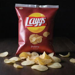 An appetizing image of a freshly opened packet of Lay's potato chips. The golden, crispy chips are slightly scattered on a dark wooden table, reflecting bright kitchen light.