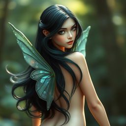 A captivating fairy with extremely dark emerald long hair flowing gracefully