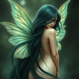 A captivating fairy with extremely dark emerald long hair flowing gracefully