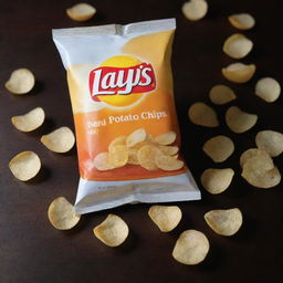 An appetizing image of a freshly opened packet of Lay's potato chips. The golden, crispy chips are slightly scattered on a dark wooden table, reflecting bright kitchen light.