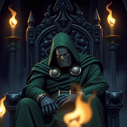 A sad Doctor Doom, sitting alone on a throne, head tilted slightly downward, with a melancholic expression