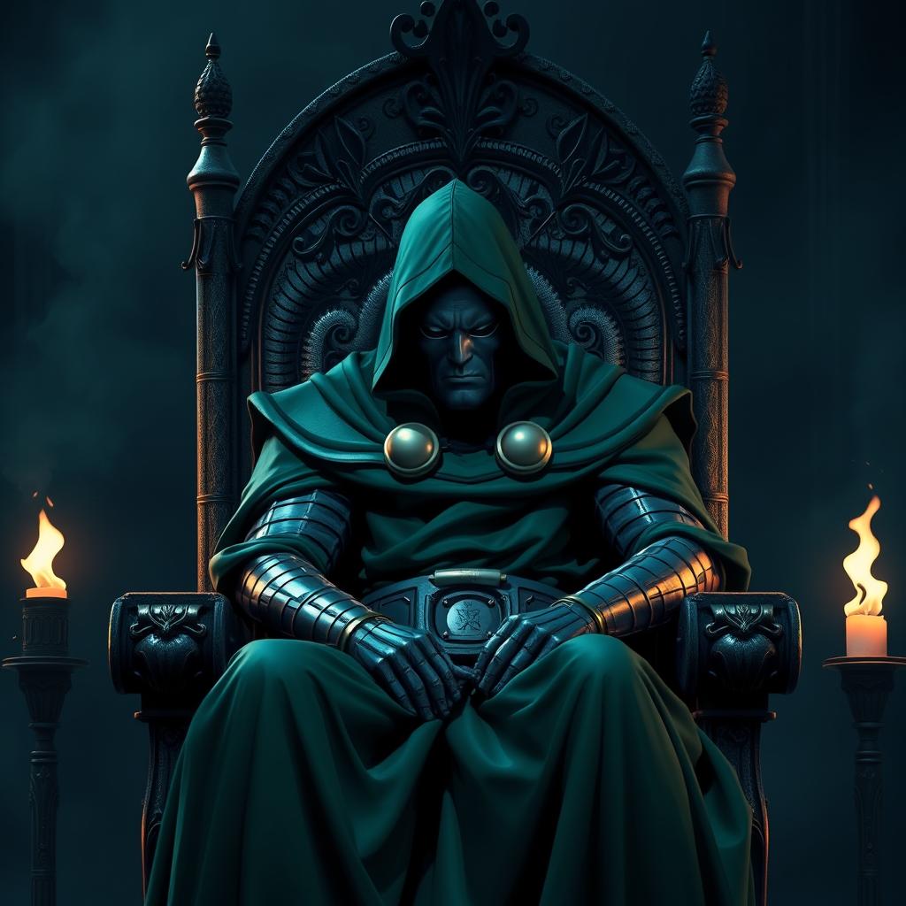 A sad Doctor Doom, sitting alone on a throne, head tilted slightly downward, with a melancholic expression