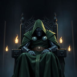 A sad Doctor Doom, sitting alone on a throne, head tilted slightly downward, with a melancholic expression