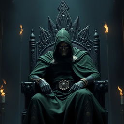 A sad Doctor Doom, sitting alone on a throne, head tilted slightly downward, with a melancholic expression