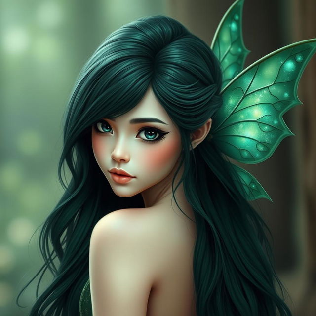 A mesmerizing fairy with extremely dark emerald long hair cascading beautifully