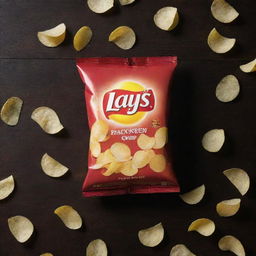 An appetizing image of a freshly opened packet of Lay's potato chips. The golden, crispy chips are slightly scattered on a dark wooden table, reflecting bright kitchen light.