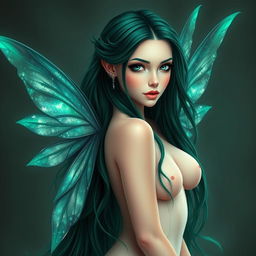 A mesmerizing fairy with extremely dark emerald long hair cascading beautifully