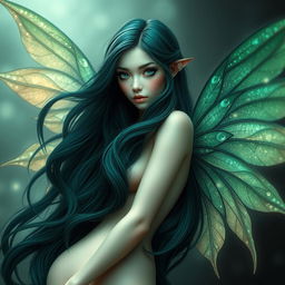 A mesmerizing fairy with extremely dark emerald long hair cascading beautifully