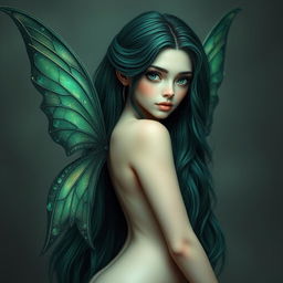 A mesmerizing fairy with extremely dark emerald long hair cascading beautifully