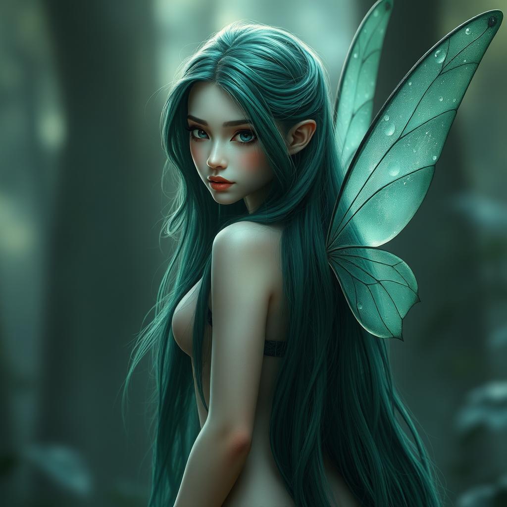 A beautiful female fairy with extremely dark emerald long hair cascading down her back, fully pitch black eyes that seem to hold mysteries, and pale, ethereal skin