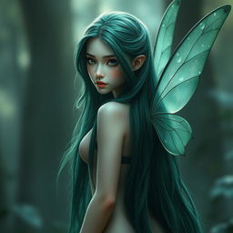 A beautiful female fairy with extremely dark emerald long hair cascading down her back, fully pitch black eyes that seem to hold mysteries, and pale, ethereal skin