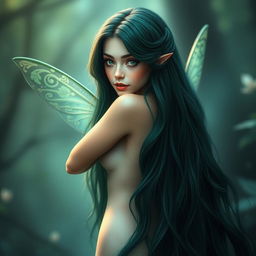 A beautiful female fairy with extremely dark emerald long hair cascading down her back, fully pitch black eyes that seem to hold mysteries, and pale, ethereal skin