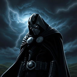 Doctor Doom standing in a dark, stormy landscape