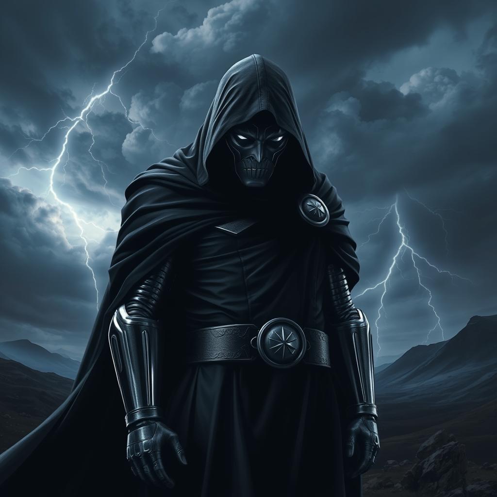 Doctor Doom standing in a dark, stormy landscape