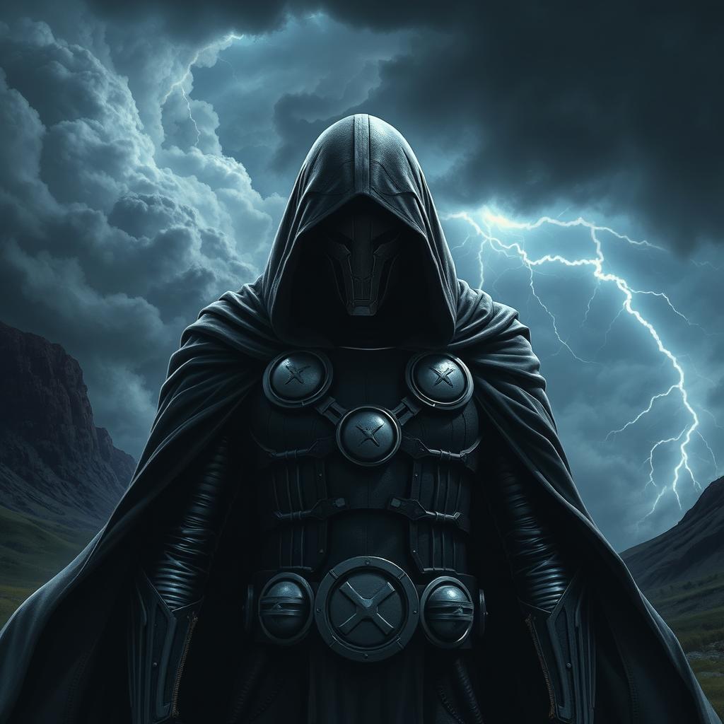 Doctor Doom standing in a dark, stormy landscape