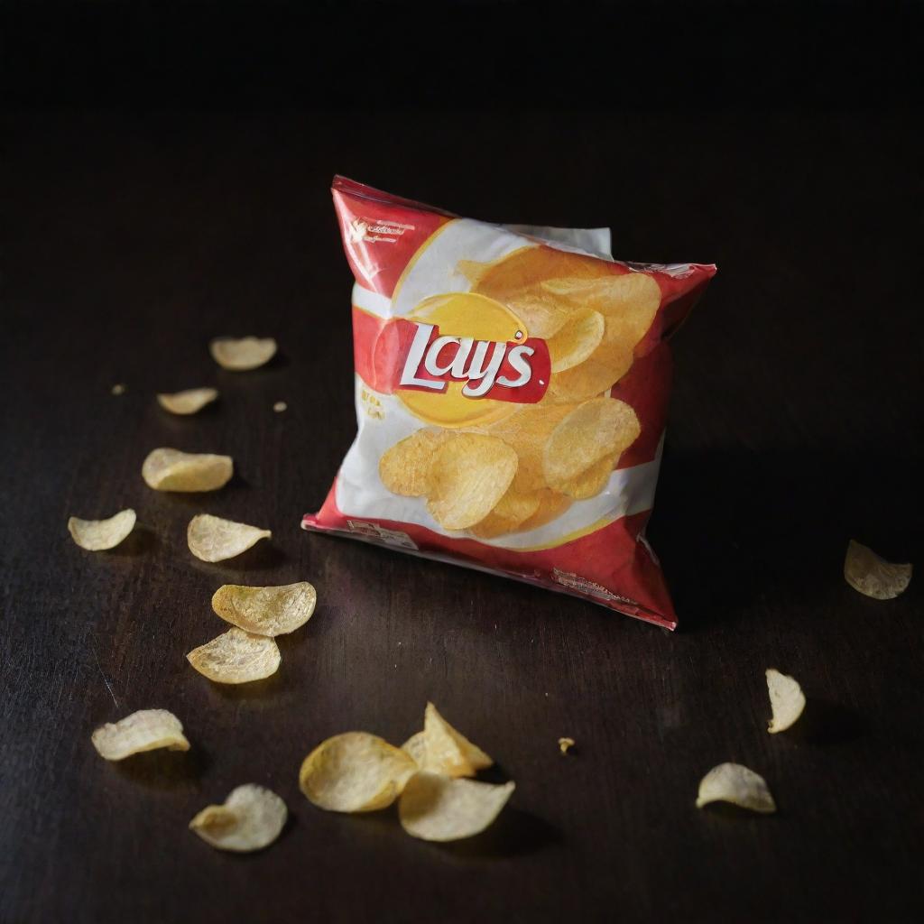 An appetizing image of a freshly opened packet of Lay's potato chips. The golden, crispy chips are slightly scattered on a dark wooden table, reflecting bright kitchen light.