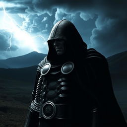 Doctor Doom standing in a dark, stormy landscape