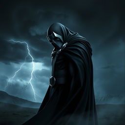 Doctor Doom standing in a dark, stormy landscape