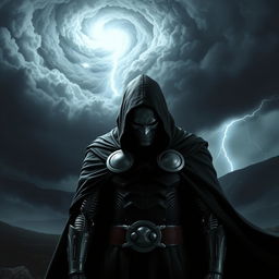 Doctor Doom standing in a dark, stormy landscape