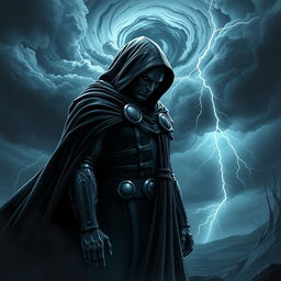 Doctor Doom standing in a dark, stormy landscape