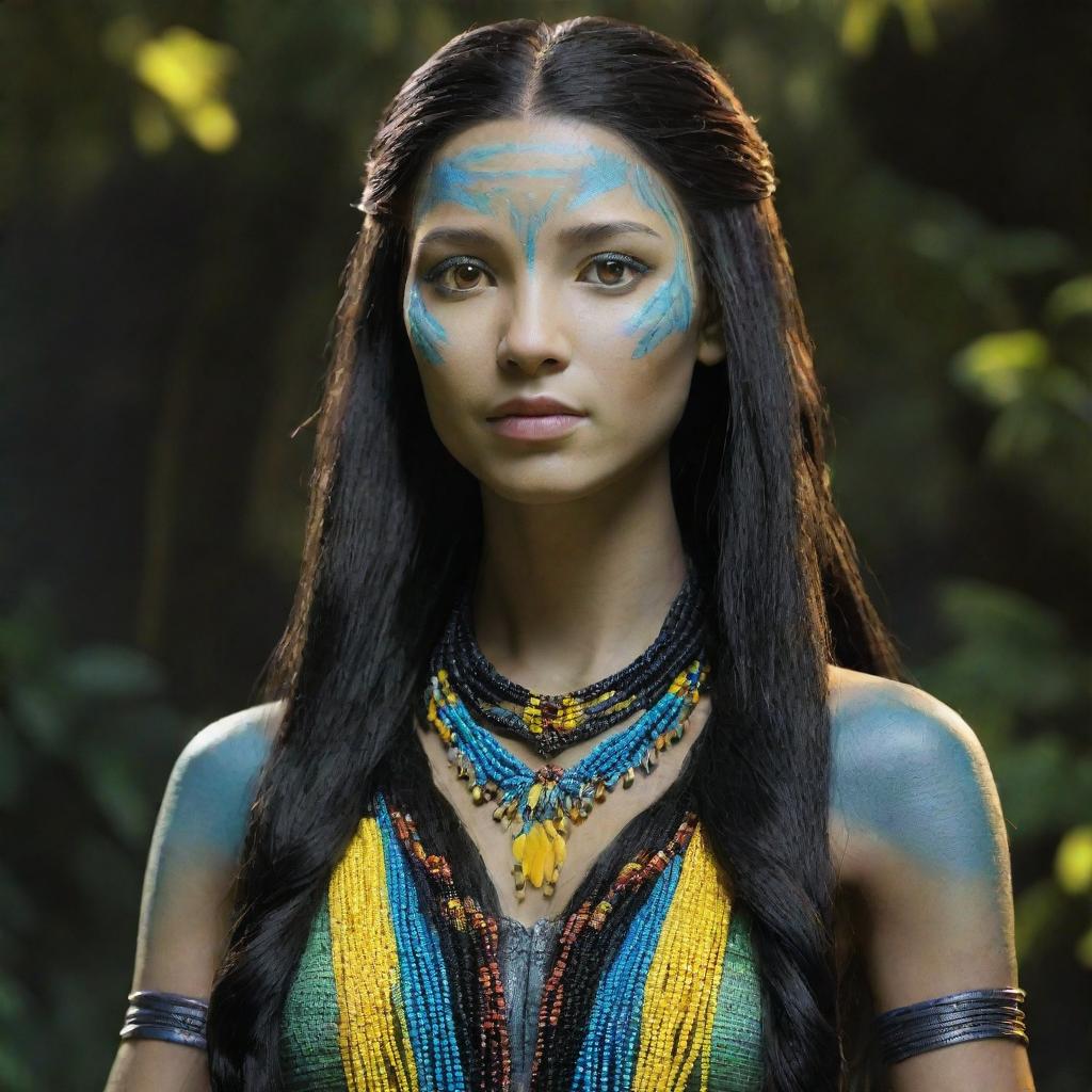 Generate an image of an elegant, 15-year-old female Na'vi with incredibly long, black hair interwoven with colorful beads.