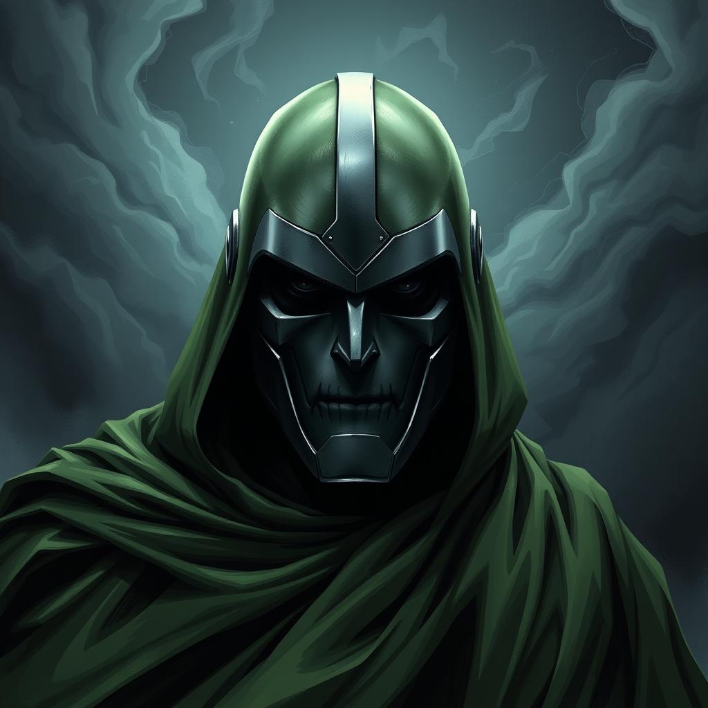 A somber and introspective Doctor Doom, portrayed in a detailed and expressive manner, set against a dark and stormy backdrop