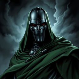 A somber and introspective Doctor Doom, portrayed in a detailed and expressive manner, set against a dark and stormy backdrop