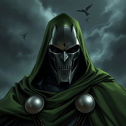 A somber and introspective Doctor Doom, portrayed in a detailed and expressive manner, set against a dark and stormy backdrop