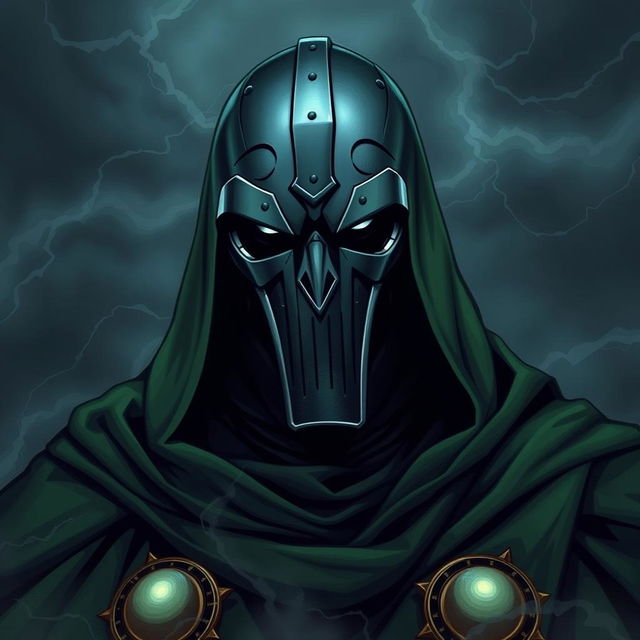 A somber and introspective Doctor Doom, portrayed in a detailed and expressive manner, set against a dark and stormy backdrop