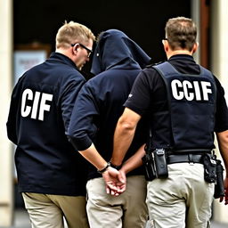 Two agents escorting a handcuffed man, viewed from behind