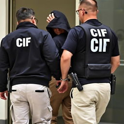 Two agents escorting a handcuffed man, viewed from behind