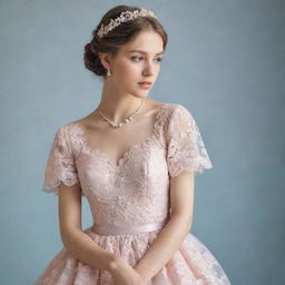 Create a representation of a feminine girl dressed in a delicate pastel-colored dress, adorned with soft lace and pearl accessories