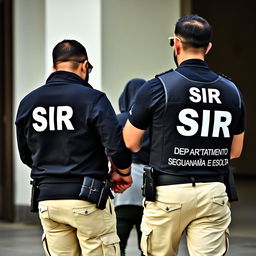 Two agents, one wearing a black jacket with 'SIR' written in white letters on the back, and the other wearing a T-shirt and an investigation vest with 'SIR' and 'DEPARTAMENTO SEGURANÇA E ESCOLTA' written underneath in white letters on the back