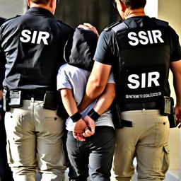 Two agents, one wearing a black jacket with 'SIR' written in white letters on the back, and the other wearing a T-shirt and an investigation vest with 'SIR' and 'DEPARTAMENTO SEGURANÇA E ESCOLTA' written underneath in white letters on the back