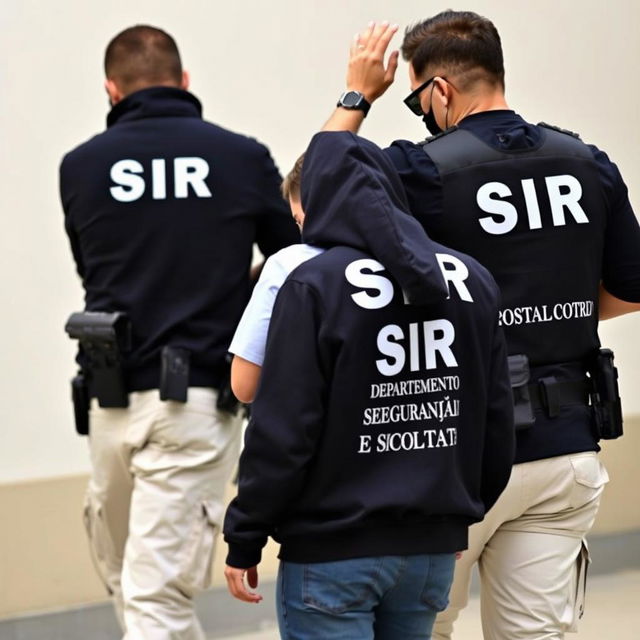 Two agents, one wearing a black jacket with 'SIR' written in white letters on the back, and the other wearing a T-shirt and an investigation vest with 'SIR' and 'DEPARTAMENTO SEGURANÇA E ESCOLTA' written underneath in white letters on the back