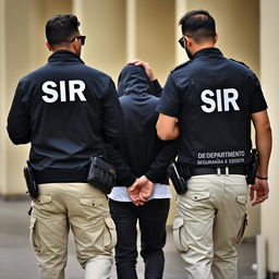 Two agents, one wearing a black jacket with 'SIR' written in white letters on the back, and the other wearing a T-shirt and an investigation vest with 'SIR' and 'DEPARTAMENTO SEGURANÇA E ESCOLTA' written underneath in white letters on the back