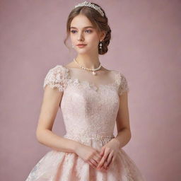 Create a representation of a feminine girl dressed in a delicate pastel-colored dress, adorned with soft lace and pearl accessories