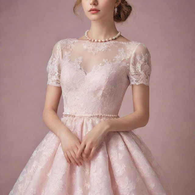 Create a representation of a feminine girl dressed in a delicate pastel-colored dress, adorned with soft lace and pearl accessories