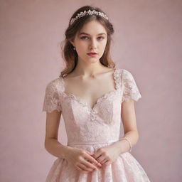 Create a representation of a feminine girl dressed in a delicate pastel-colored dress, adorned with soft lace and pearl accessories