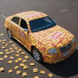 A creative and vibrant image showing a car entirely made out of Lay's potato chip packets. The car, designed in full detail, stands on a tarmac under a bright afternoon sun.