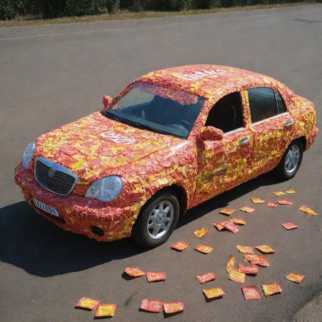 A creative and vibrant image showing a car entirely made out of Lay's potato chip packets. The car, designed in full detail, stands on a tarmac under a bright afternoon sun.