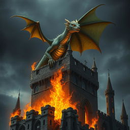 A realistic dragon perched atop a castle tower engulfed in flames