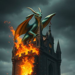 A realistic dragon perched atop a castle tower engulfed in flames